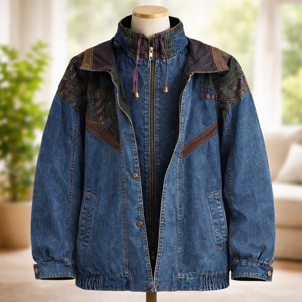 VTG 1990’s Current Seen Denim Aztec Patchwork Trucker Jacket Coat M